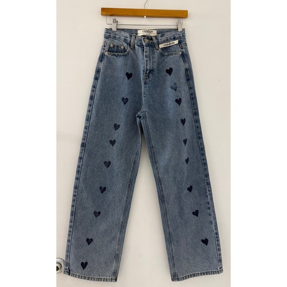 KIMHEKIM My Uniform Heart Embroidered High Waisted Straight Leg Jeans Blue S